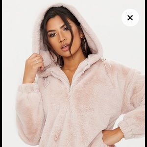 Pink Faux Fur Hooded crop Sherpa Bomber Teddy